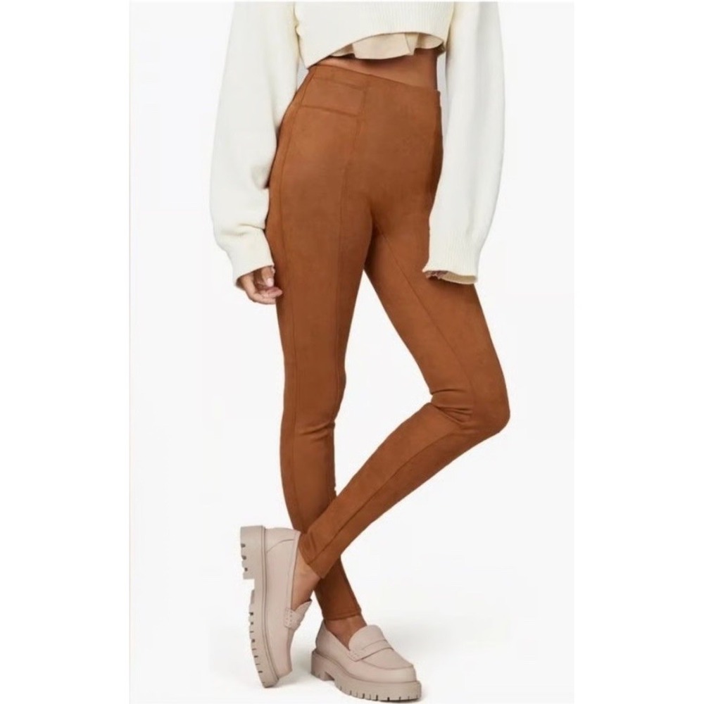 Spanx Leggings Womens Medium Brown Faux Suede Stretch Soft Hidden Tummy Shaping